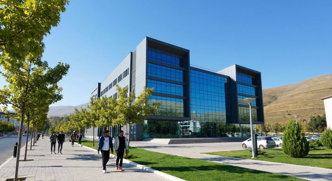 A modern university building with a sleek glass facade, nestled in the rolling hills of Kayseri's Talas district, under a bright blue sky, with students walking along a tree-lined sidewalk on 15 Temmuz Caddesi.