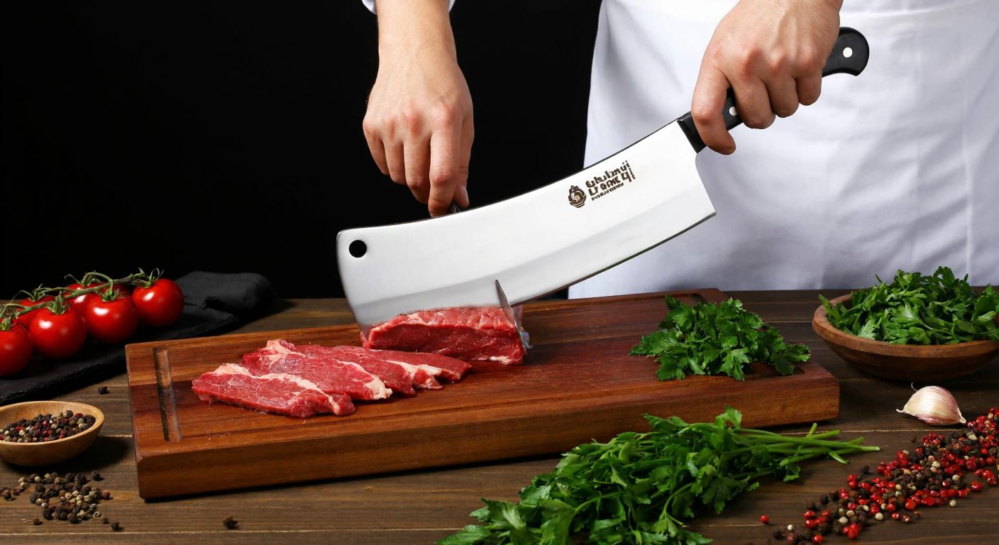 A skilled chef in a traditional Turkish kitchen finely chops marinated meat on a wooden board with a wide, curved zırh bıçağı, surrounded by fresh herbs and spices.