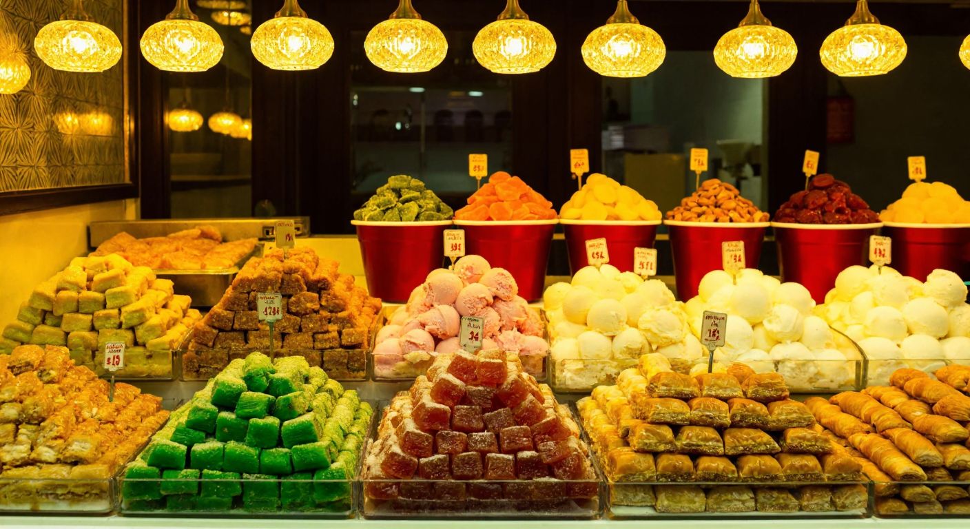 A vibrant Turkish sweet shop with colorful trays of baklava, pastries, and ice cream displayed under warm golden lights, evoking a joyful and inviting atmosphere.