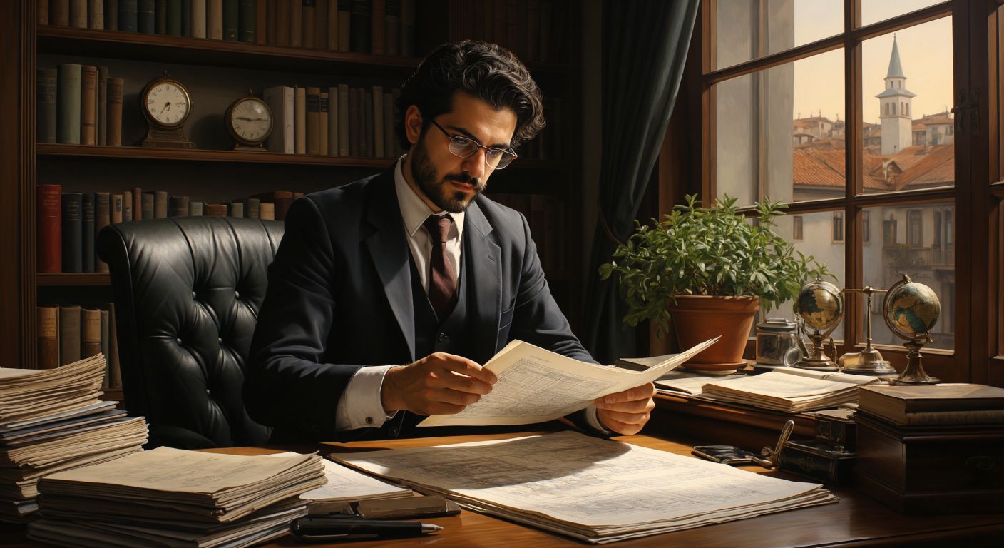A Turkish accountant in a modest office, flipping through a ledger from the previous year while comparing it to a blank ledger for the current year, with a focused expression.