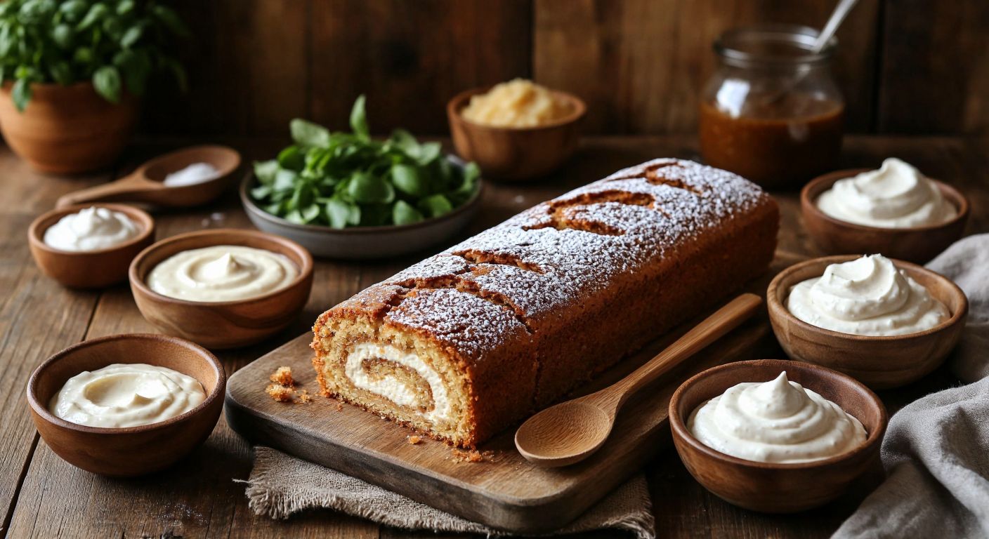 A rustic Turkish kitchen counter displays a freshly baked rulo cake surrounded by small bowls of creamy alternatives—melted butter and milk mixture, coconut milk, cream cheese, blended tofu, and cashew cream—with a wooden spoon resting nearby, evoking warmth and culinary creativity.
