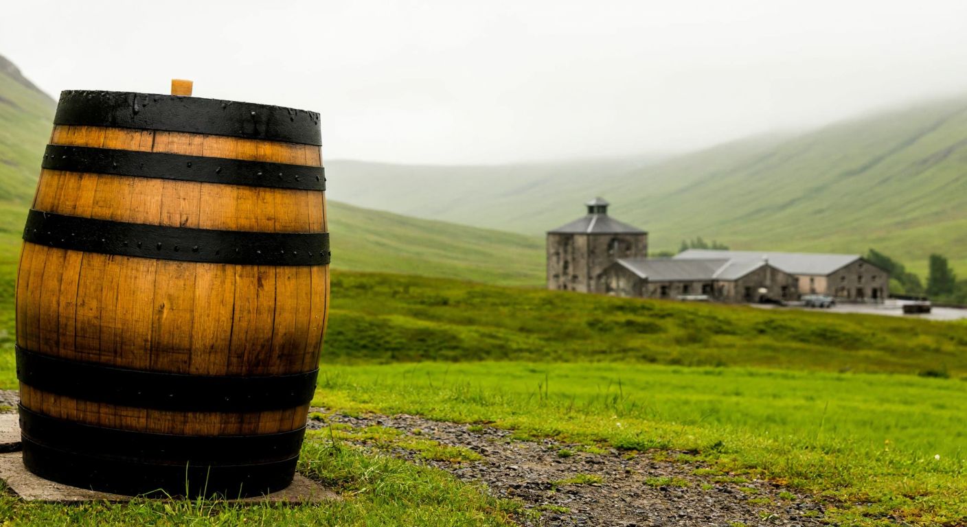 A rustic wooden barrel of whisky sits in a misty Scottish highland landscape, with rolling green hills and a stone distillery in the background.