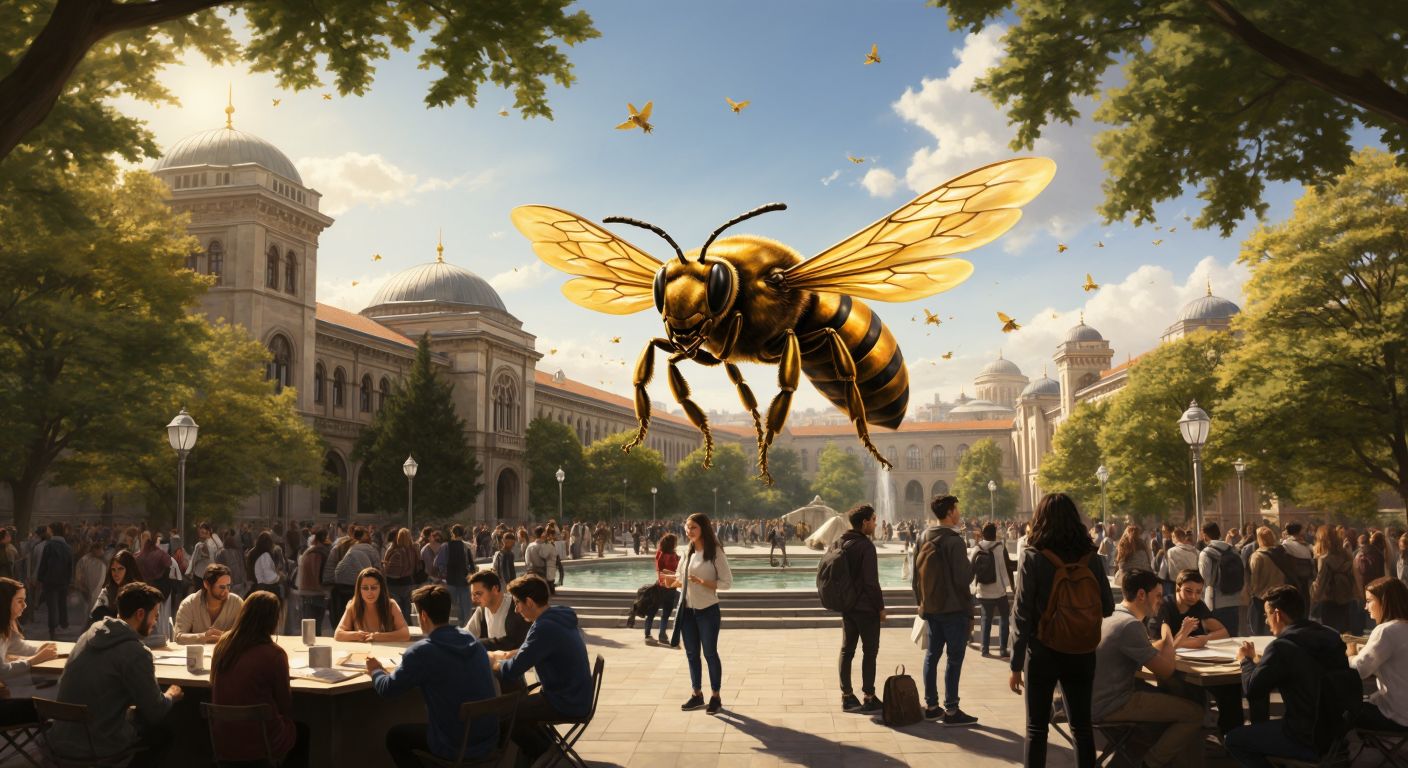 A golden bee hovers above a bustling university campus in Istanbul, symbolizing hard work and collaboration, with students in the background engaged in lively discussions and research.