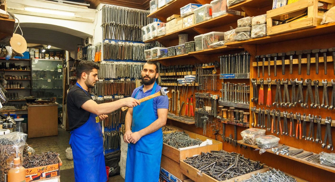 A bustling hardware store in Beyoğlu, Istanbul, with wooden shelves stacked with nails, screws, hammers, and pliers, while a shopkeeper in a blue apron assists a customer holding a wrench.