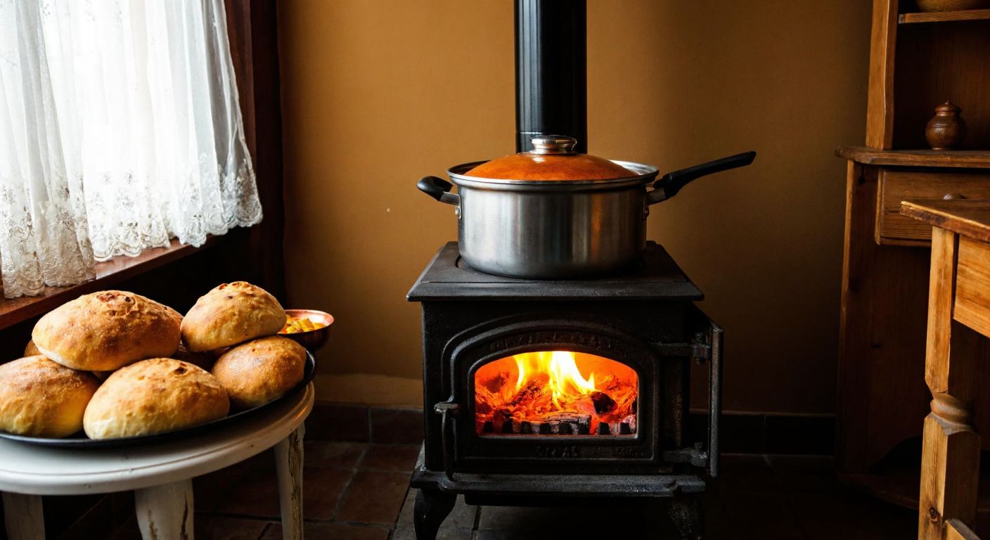 A cozy Turkish home with a traditional kuzine stove glowing warmly, a pot of simmering stew on top, and freshly baked bread cooling nearby, surrounded by rustic wooden furniture and soft light filtering through lace curtains.