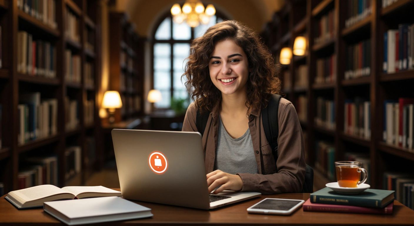 A young Turkish student in a university library smiles while holding a laptop, surrounded by books and a cup of Turkish tea, with a notification icon subtly glowing on the screen.