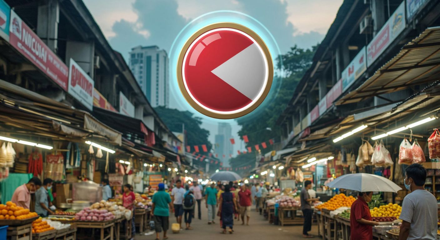 A glowing digital coin with the colors of the Indonesian flag floats above a bustling Jakarta marketplace, where vendors and customers exchange goods while a secure blockchain network pulses beneath their feet.