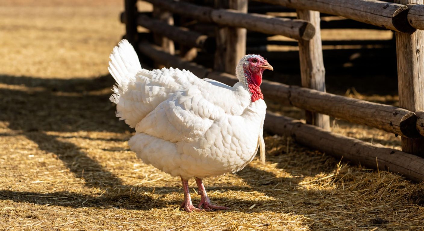 A plump white turkey with a broad chest standing in a sunlit Turkish farmyard, surrounded by golden hay and rustic wooden fences.