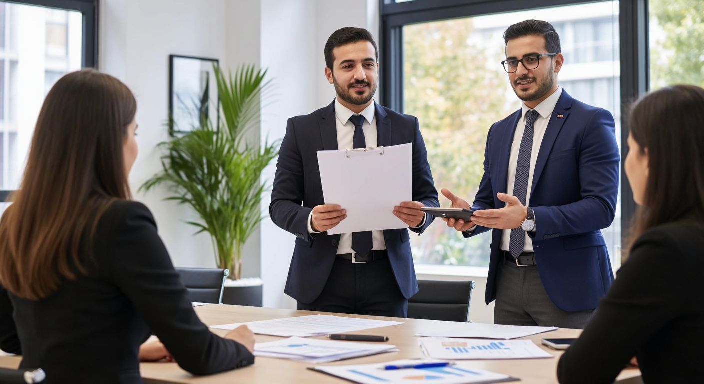 A Turkish business professional in a modern office confidently presents a neatly organized document to attentive colleagues, symbolizing clarity and agreement in project planning.
