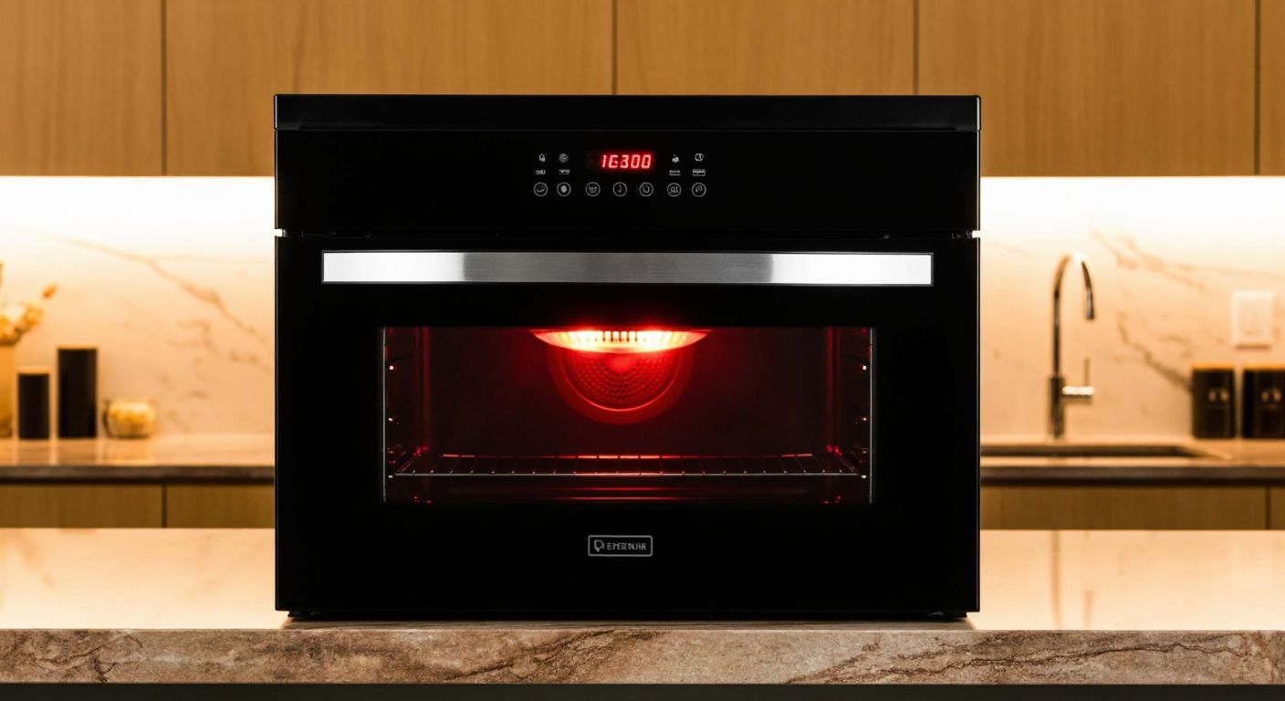 A sleek black built-in oven with a red LED touch panel, placed in a modern Turkish kitchen with warm lighting and a marble countertop.