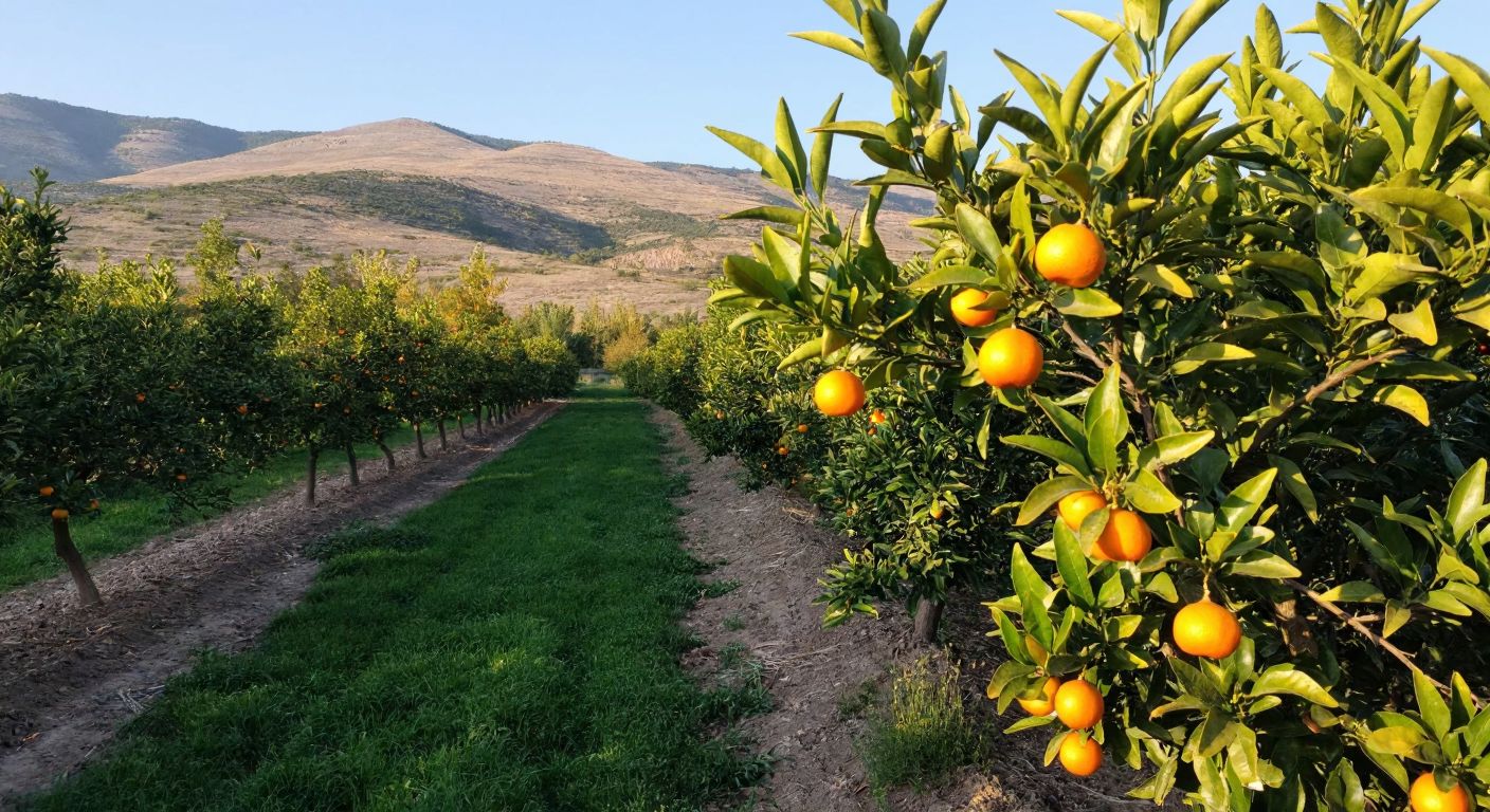 A sunlit orchard in Eskişehir with vibrant green kamkat trees bearing small, orange fruits, surrounded by rolling hills under a clear blue sky.