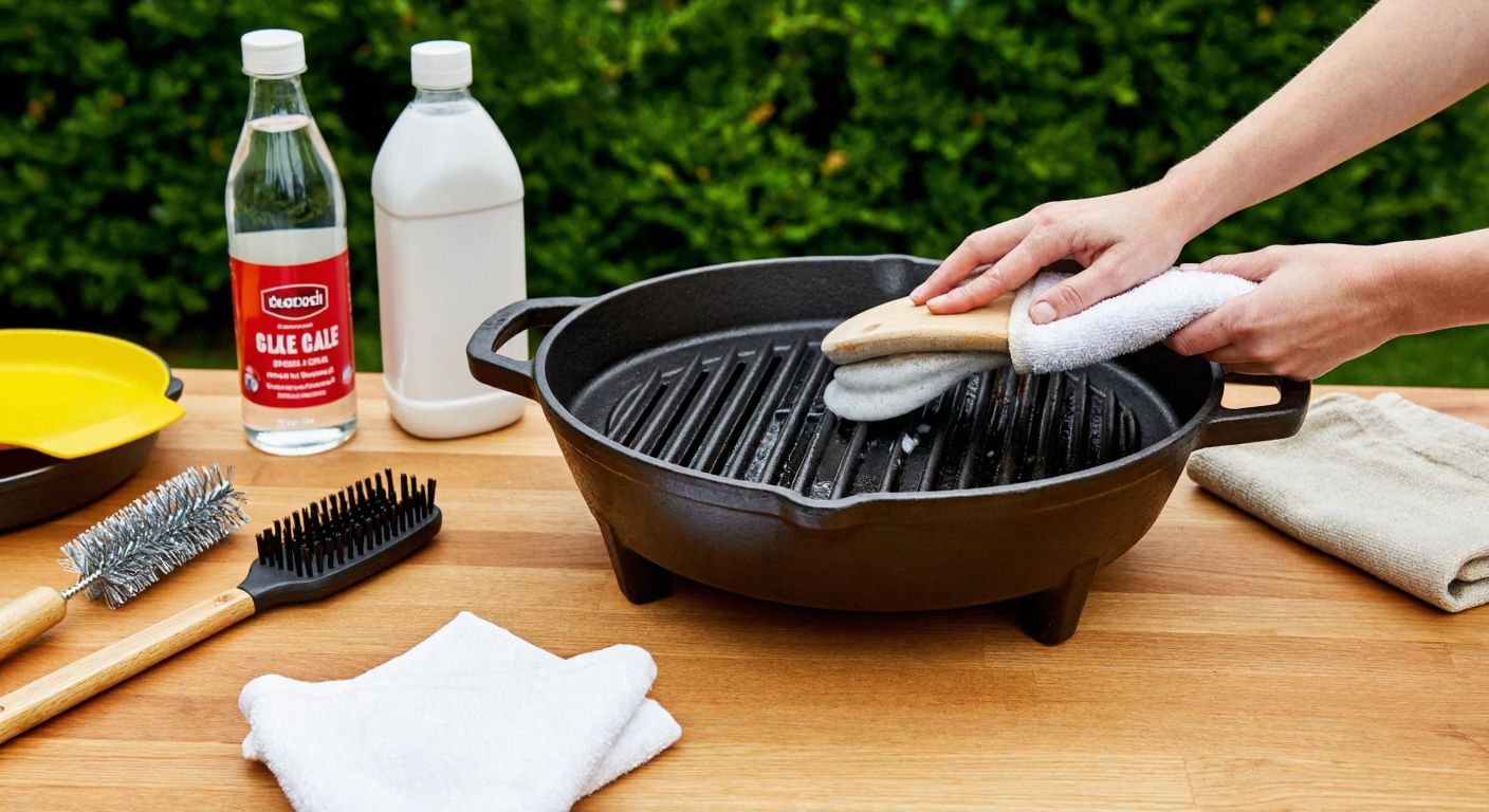 A sturdy cast-iron grill sits on a wooden table, surrounded by cleaning supplies like a wire brush, baking soda, vinegar, and a cloth, with a person’s hands scrubbing away grease under warm water.