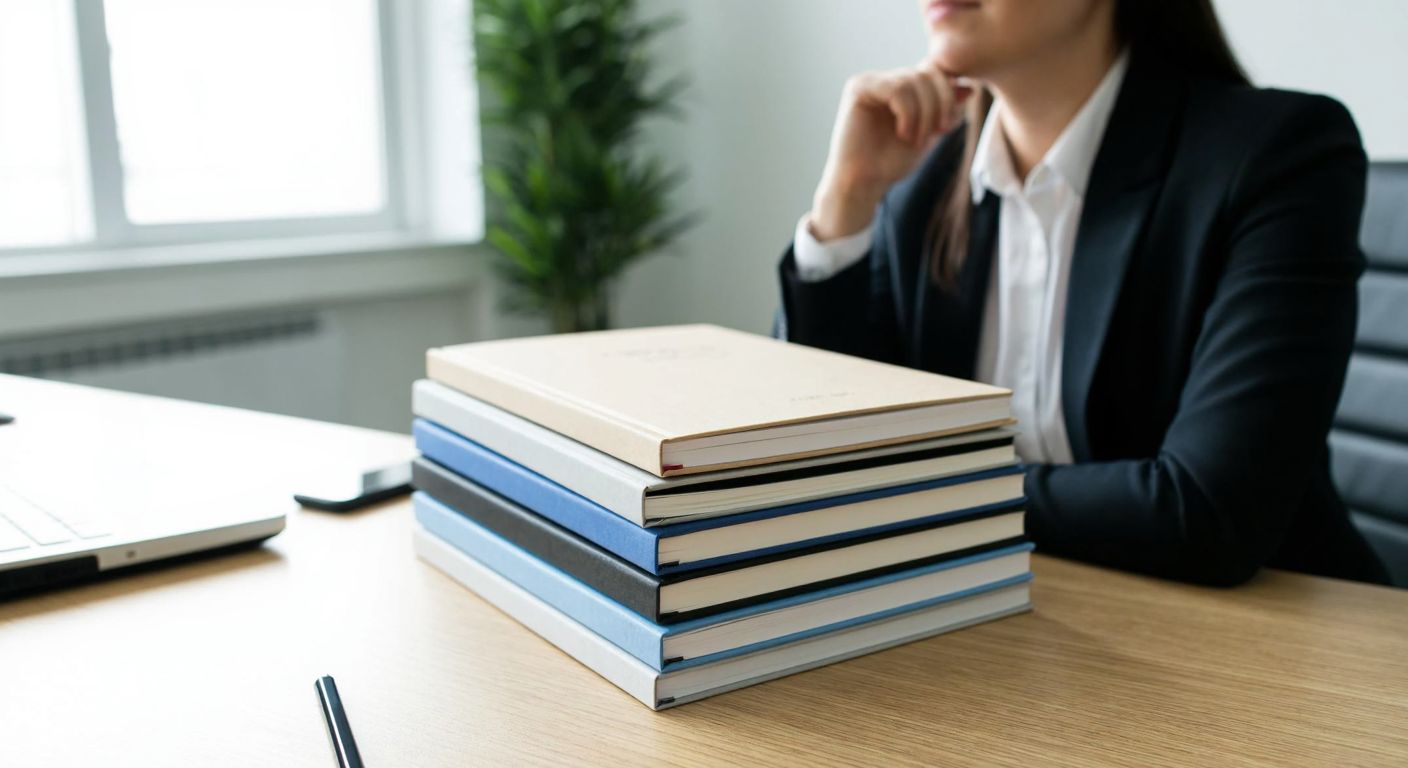 A neatly stacked pile of promotional notebooks with varying thicknesses, showcasing different page counts, placed on a wooden desk in a bright office setting in Turkey, with a person in business attire thoughtfully selecting one.
