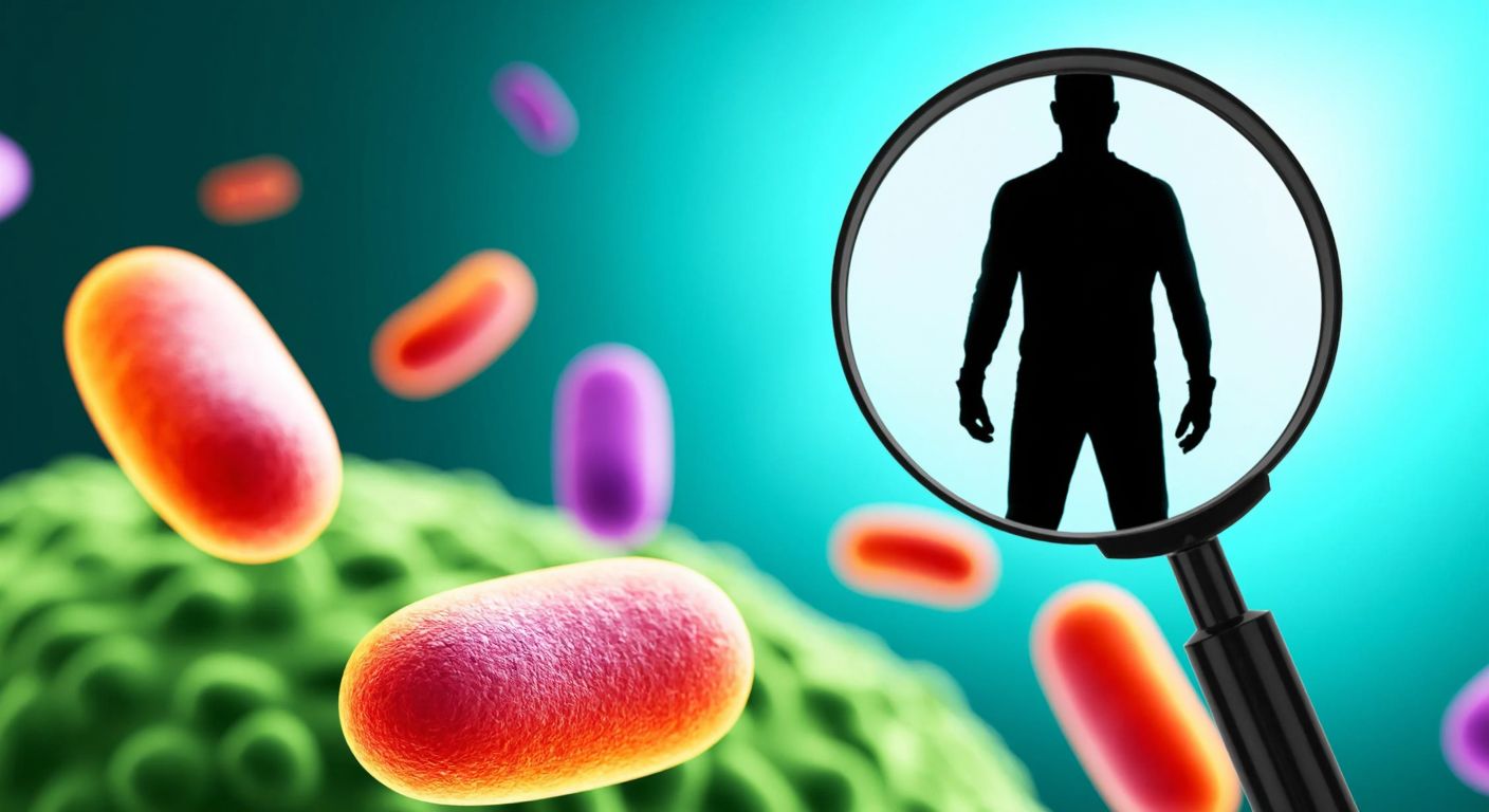 A magnifying glass hovering over a vibrant, microscopic world of colorful bacteria, with a shadowy figure in the background symbolizing the colloquial meaning of "mik" as a negative influence.
