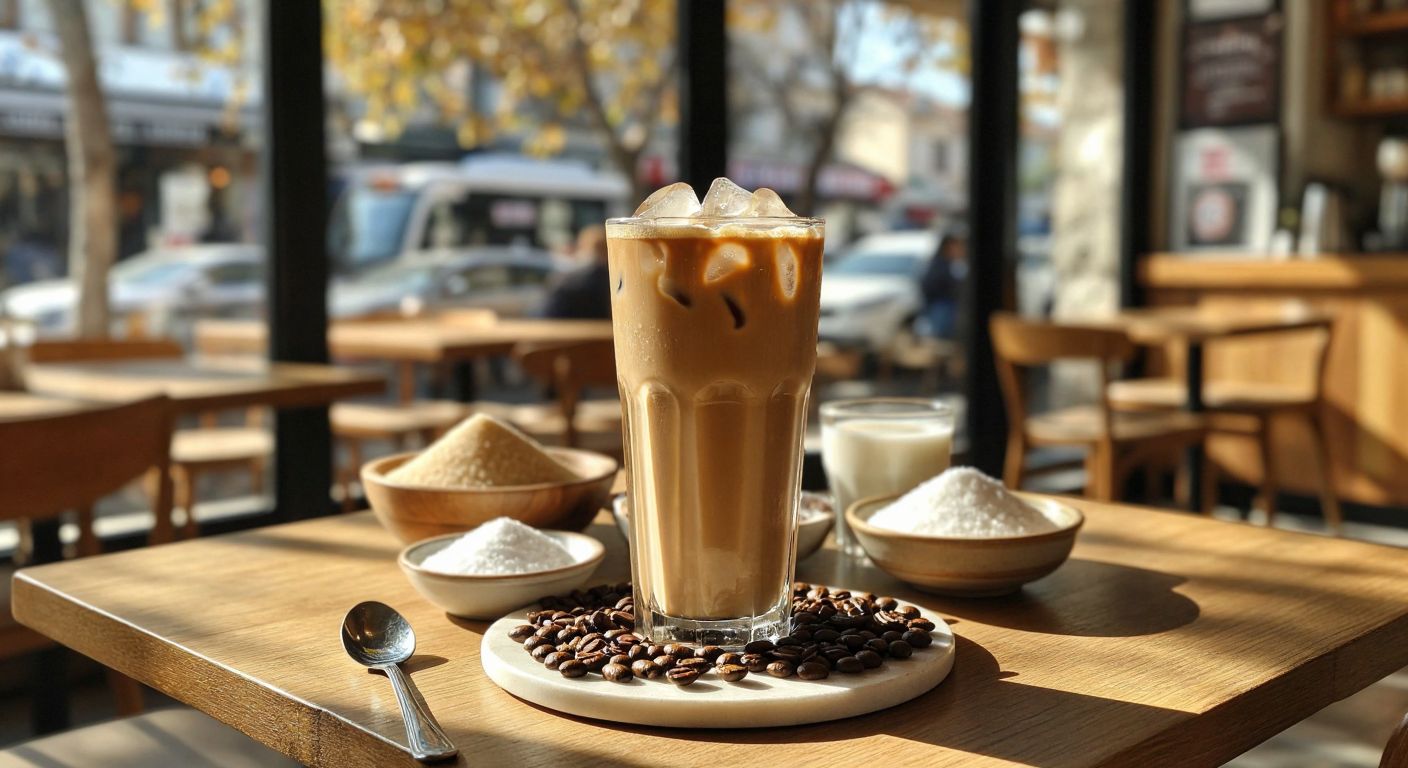A tall glass of creamy iced coffee sits on a sunlit café table in Turkey, surrounded by small bowls of sugar, powdered milk, and coffee beans, with a spoon resting beside it.