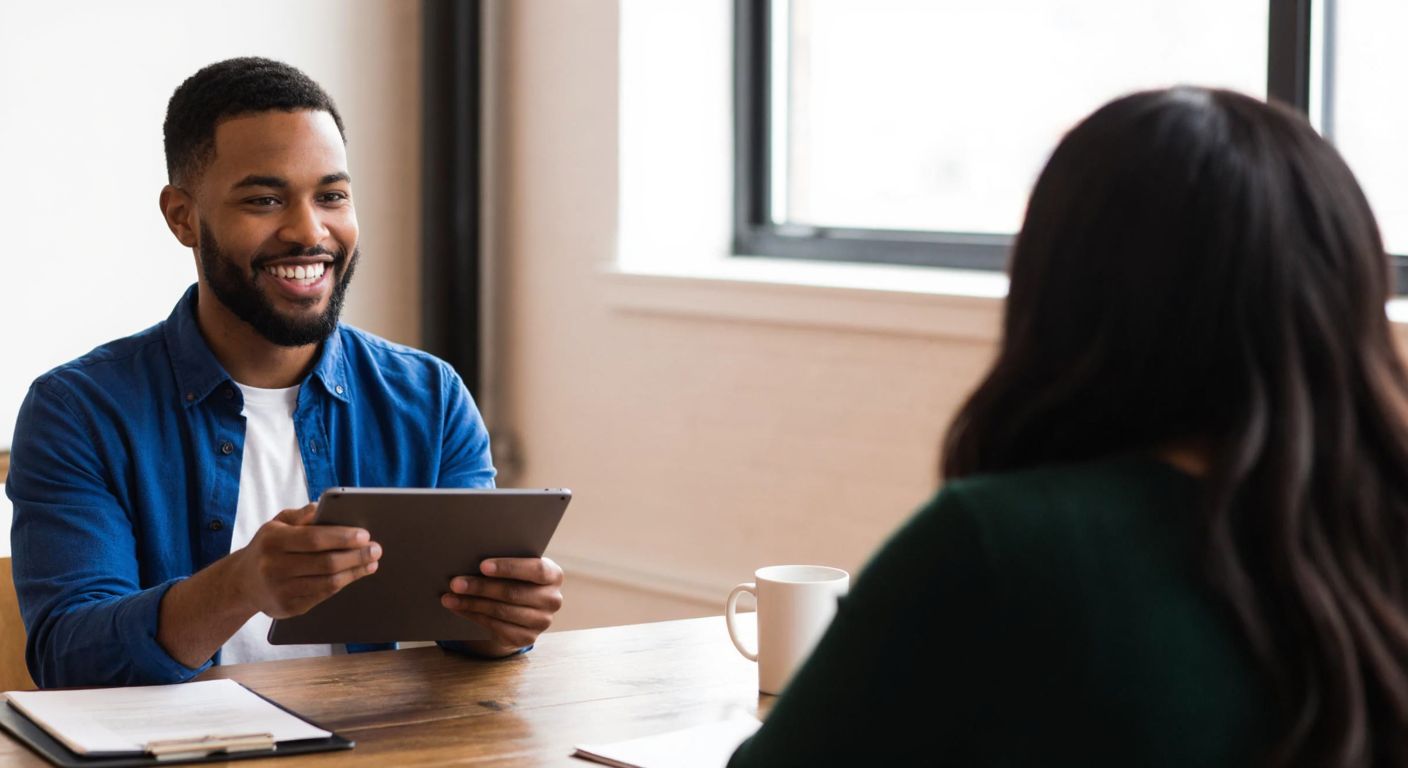 A smiling interviewer in a casual setting holds a tablet while engaging in a face-to-face conversation with a participant seated at a wooden table, surrounded by a warm, inviting atmosphere.