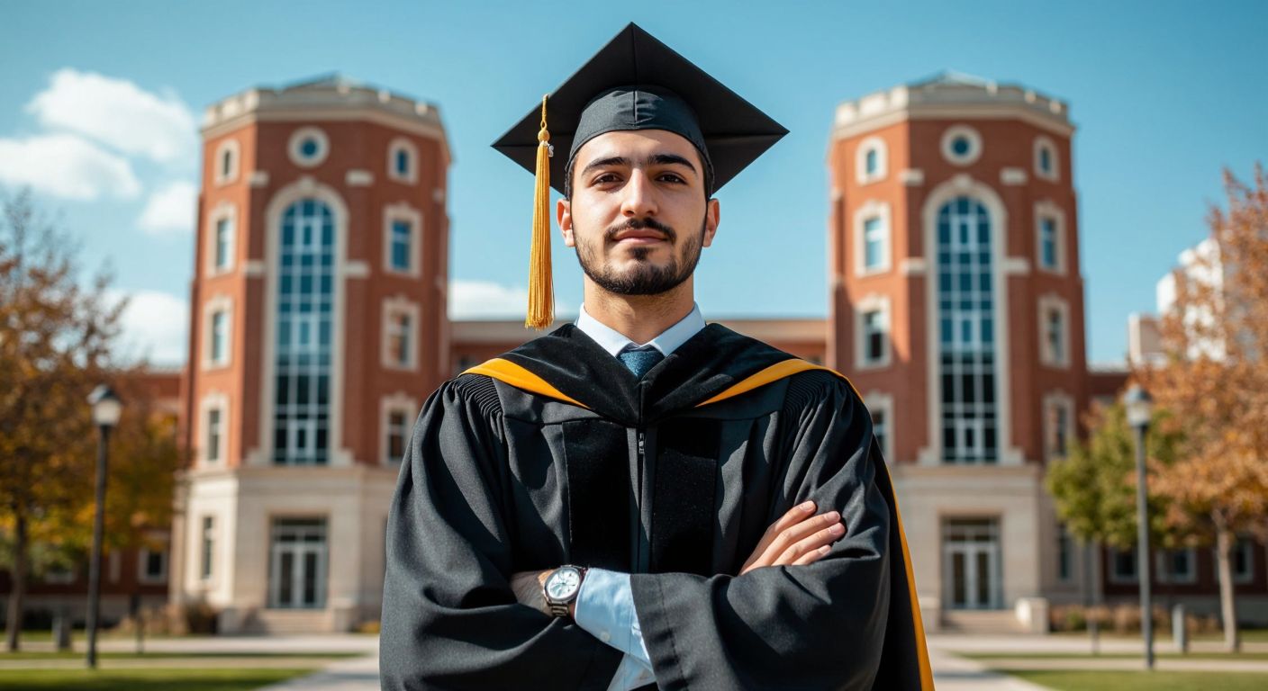 A confident Turkish man in a graduation cap and gown stands proudly in front of three distinct university buildings, symbolizing his academic journey in computer engineering.