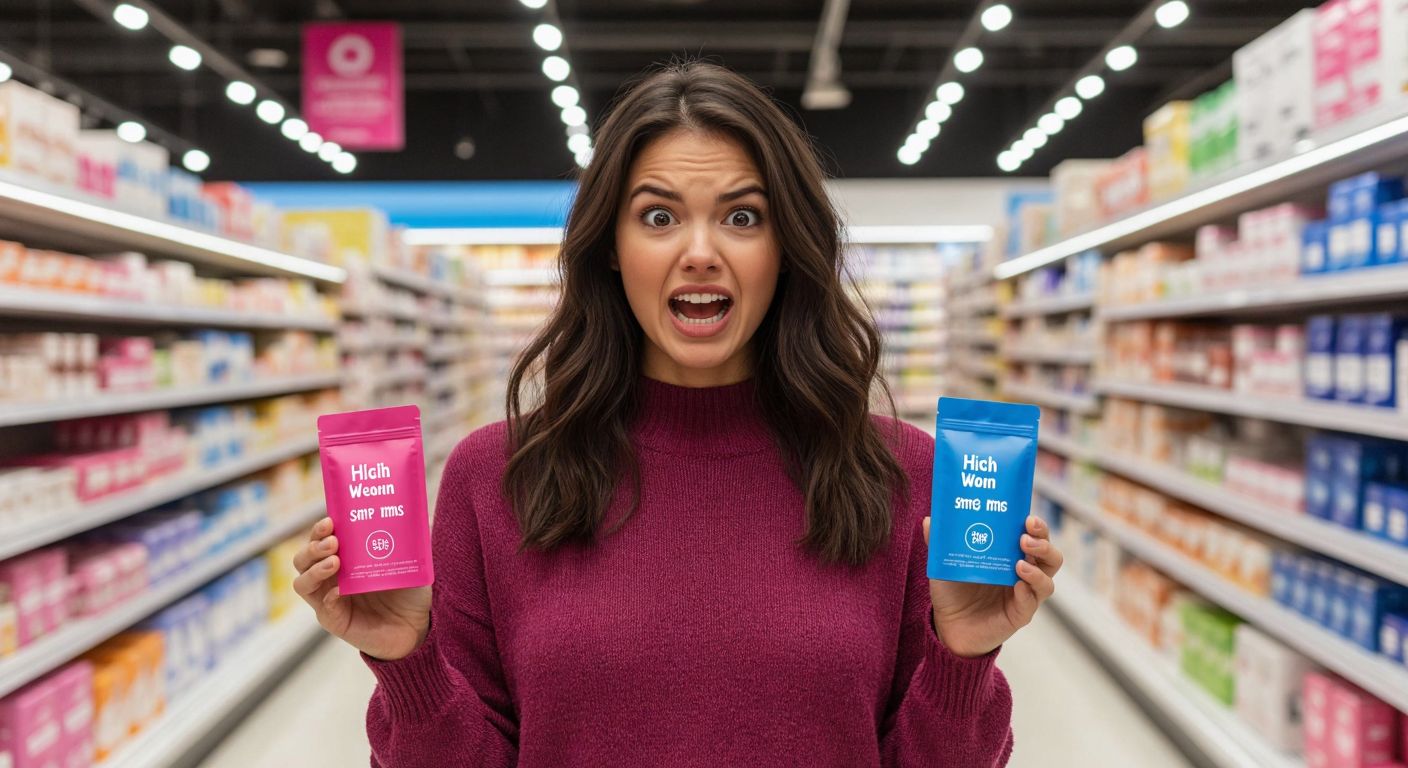 A frustrated woman holding two identical products—one labeled for women (pink packaging) with a higher price tag and one for men (blue packaging) with a lower price, standing in a brightly lit supermarket aisle with shelves filled with gendered products.
