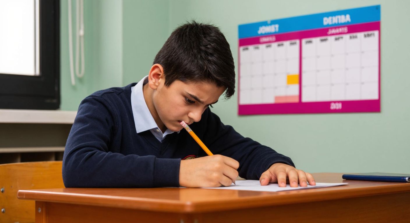 A young Turkish student in a school uniform sits at a wooden desk, anxiously gripping a pencil while looking at a blank exam paper, with a calendar on the wall showing December and January dates.