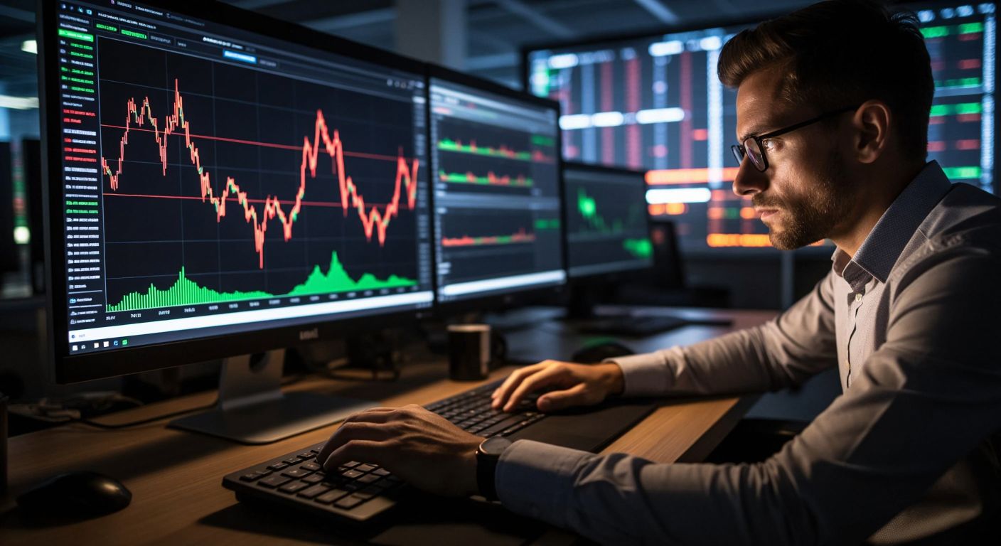 A trader in a modern office intensely studies a glowing stock chart on a monitor, where a symmetrical triangle pattern forms with bold red and green trendlines, while their hand hovers over a keyboard ready to act on a breakout.