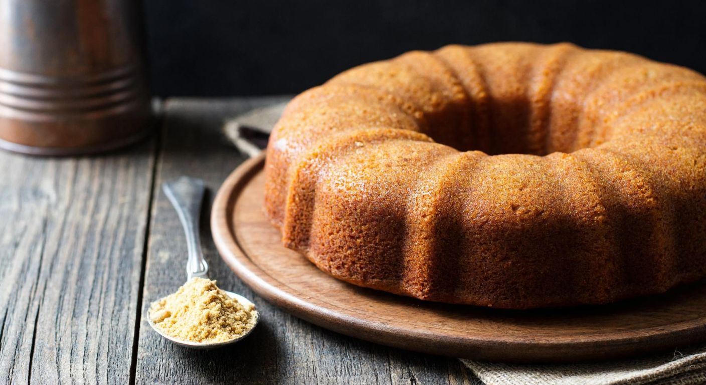 A warm, golden-brown cinnamon-ginger cake sits on a rustic wooden table, with a teaspoon of freshly ground ginger powder beside it, evoking the cozy aroma of Turkish home baking.