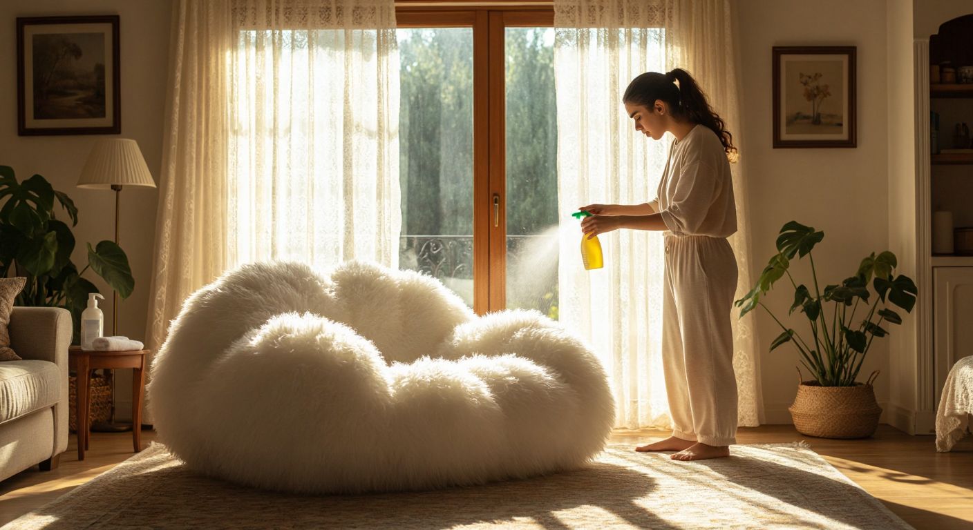 A fluffy white cloud-shaped chair sits in a cozy Turkish living room with warm sunlight streaming through lace curtains, while a person in casual homewear looks puzzled, holding a cleaning spray and a soft cloth.