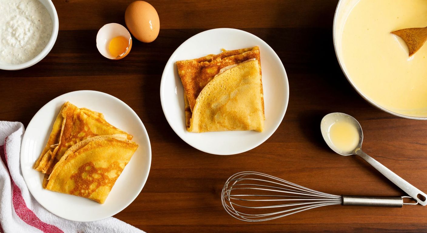 A warm kitchen scene with three small plates of golden-brown crepes on a wooden table, two cracked eggshells nearby, and a whisk resting in a bowl of batter, evoking a cozy Turkish breakfast.