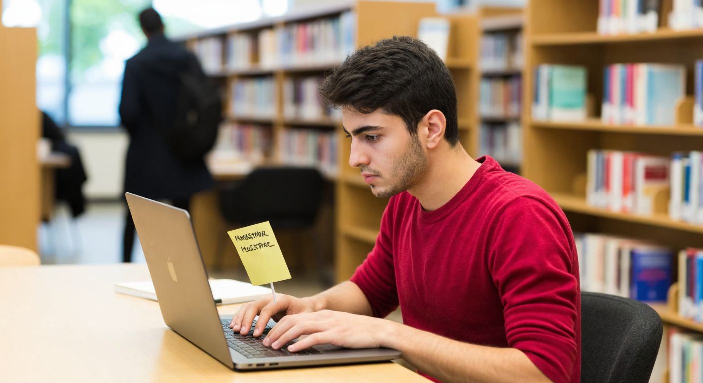 A young Turkish student in a university library, focused and slightly frustrated, typing on a laptop while glancing at a sticky note with a password reminder.