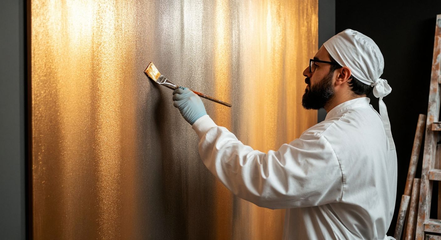 A Turkish painter in a white smock carefully applies shimmering metallic paint to a textured wall, creating a gradient ombre effect under warm indoor lighting.