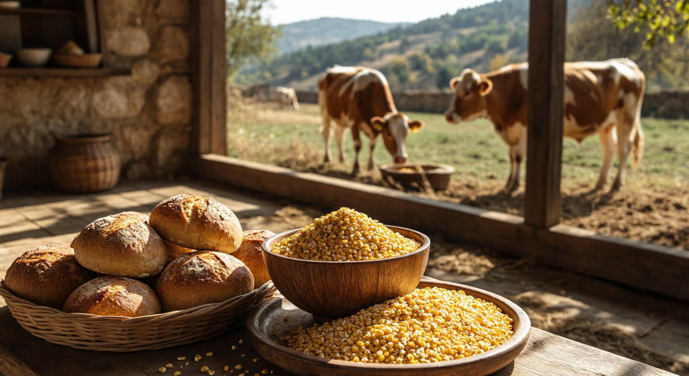A rustic wooden table in a sunlit Turkish farmhouse holds a bowl of golden corn bran, a grazing cow in the background, and freshly baked bread with bran flakes on a woven tray.