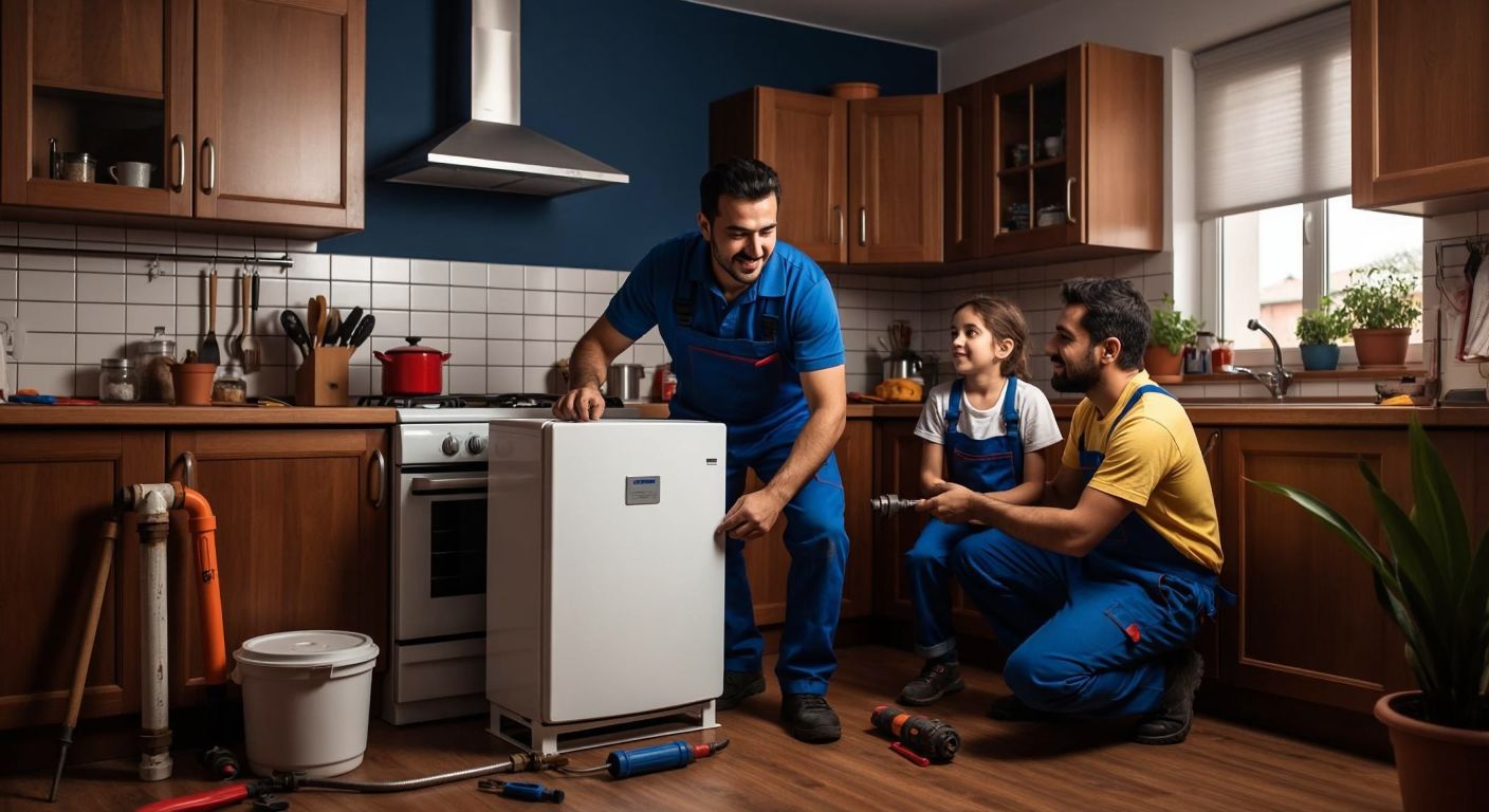 A Turkish technician in a blue work uniform carefully installing a new white combi boiler in a cozy home kitchen, with old pipes and tools scattered nearby, while a family watches with hopeful expressions.
