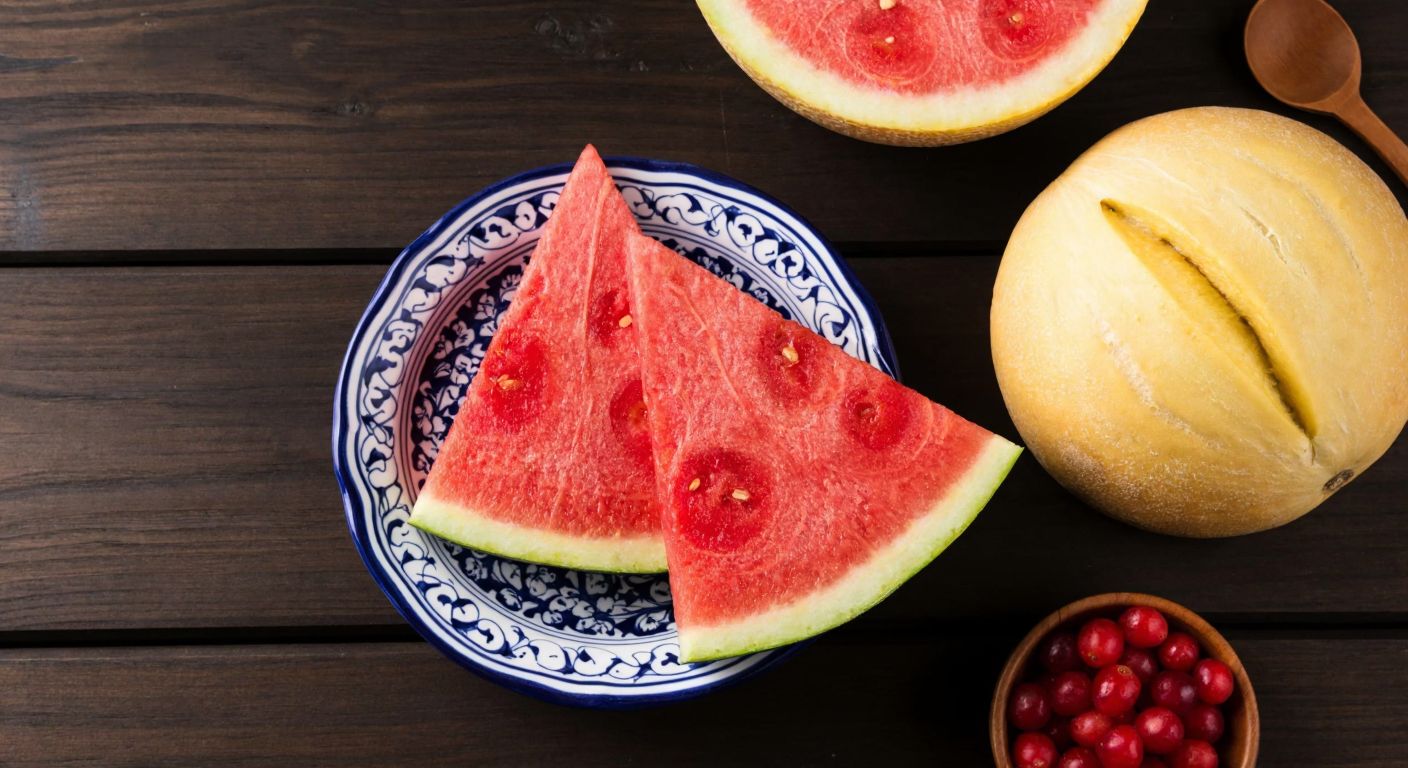 A rustic wooden table with a freshly sliced loaf of warm bread, juicy red watermelon, and golden melon arranged neatly on a traditional Turkish ceramic plate.