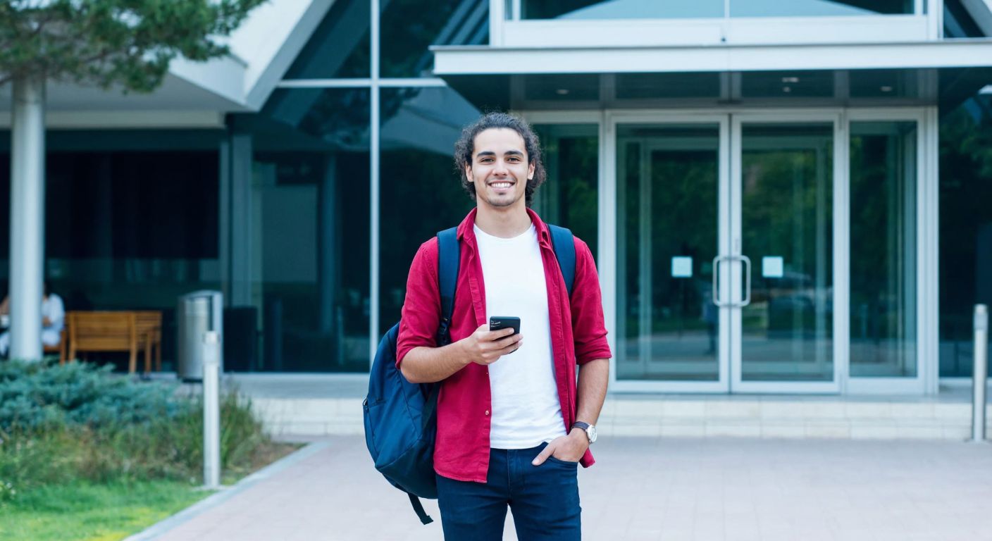 A young student in casual attire stands confidently at the entrance of a modern university building in Turkey, holding a smartphone while smiling, with a laptop bag slung over their shoulder.
