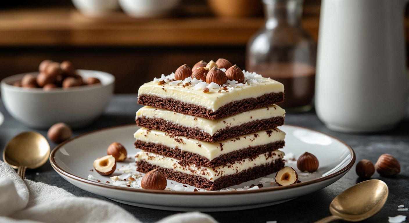 A Turkish kitchen counter displays layers of cocoa biscuits drizzled with warm vanilla pudding, topped with crushed hazelnuts and coconut flakes, evoking a cozy homemade dessert scene.
