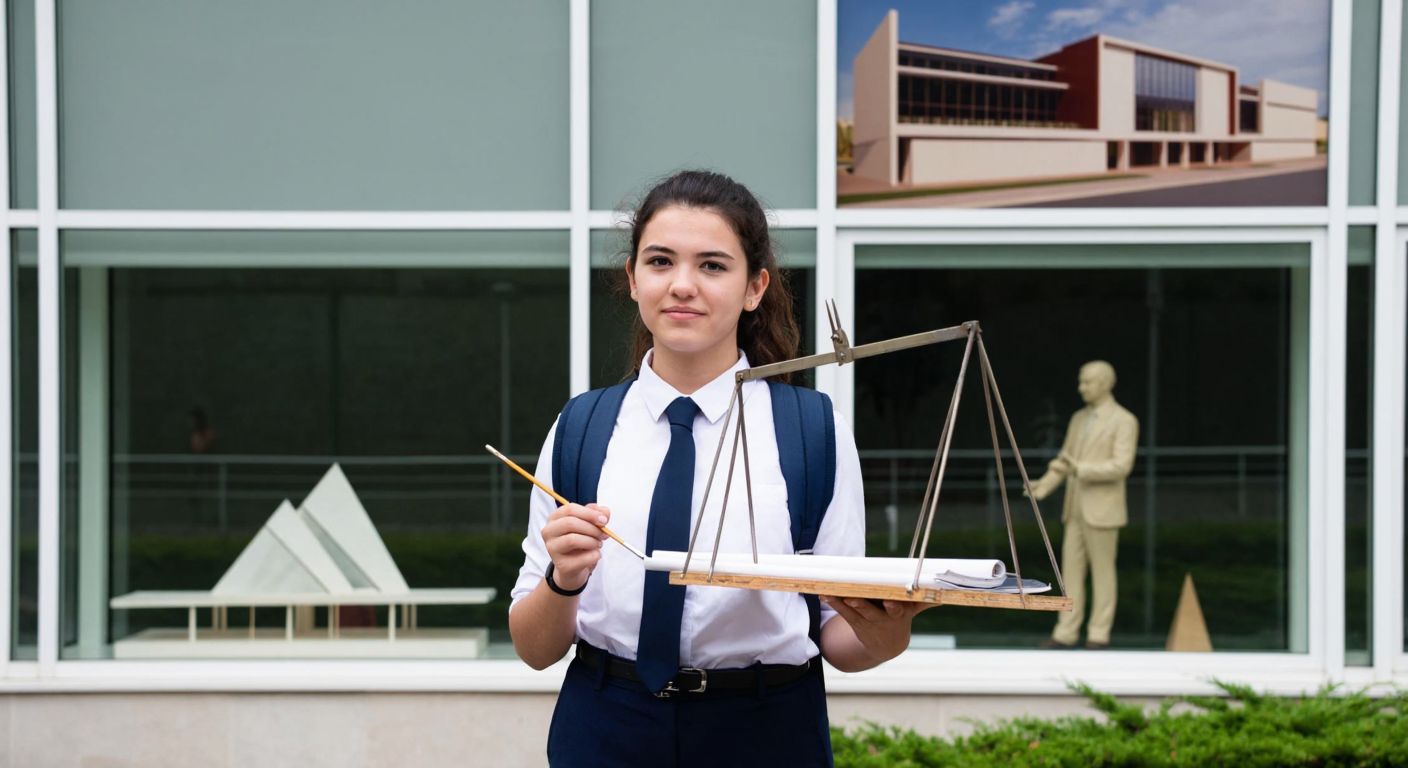 A young Turkish student in a high school uniform thoughtfully holds a scale balancing a drafting compass and a paintbrush, standing in front of a university building with architectural models displayed in the windows.