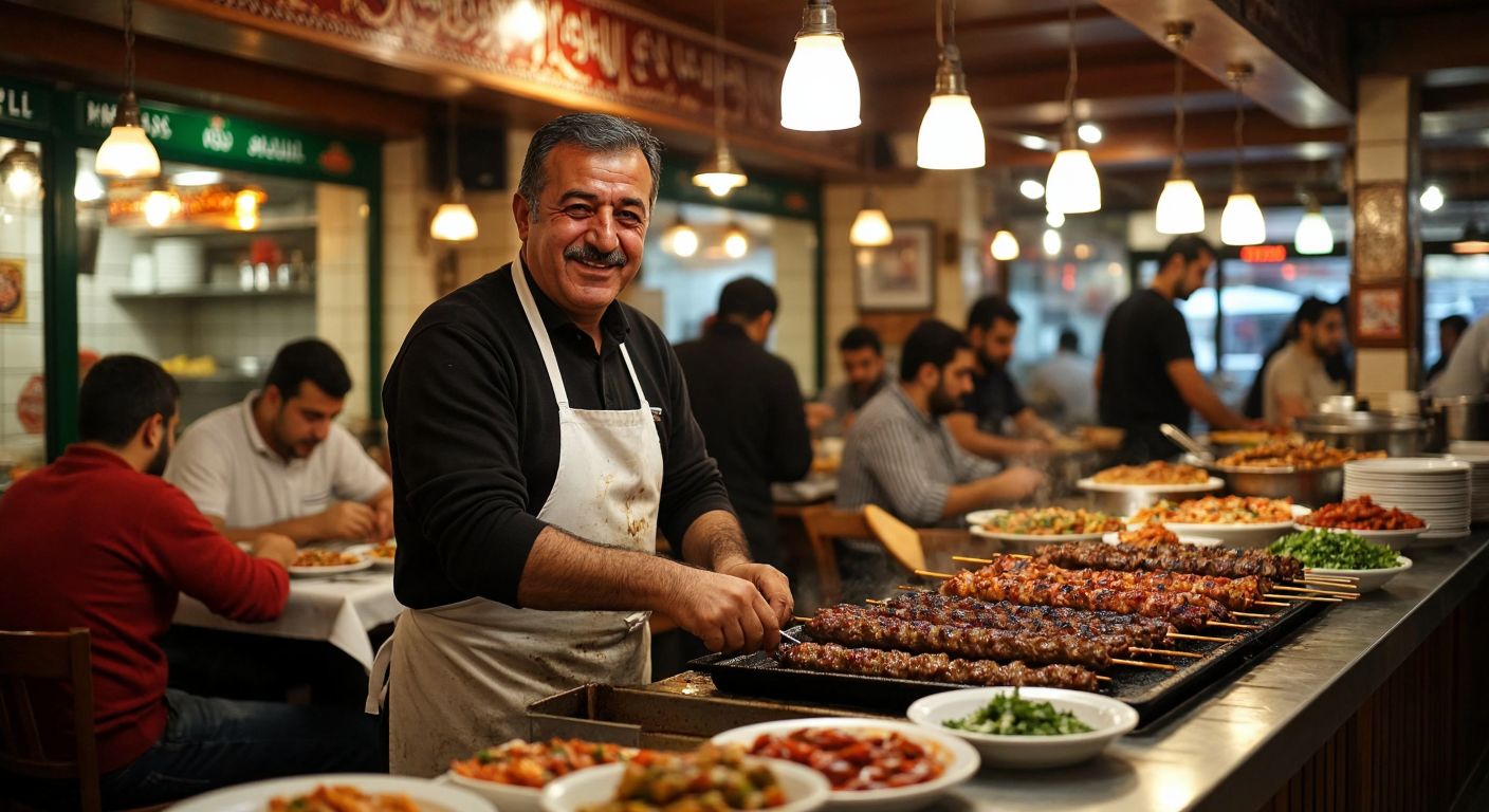 A warm, bustling Turkish restaurant with Adnan Sarıhan, a middle-aged man with a proud smile, standing behind a counter filled with sizzling kebabs, while his son Cemal assists nearby, surrounded by happy diners enjoying traditional dishes.