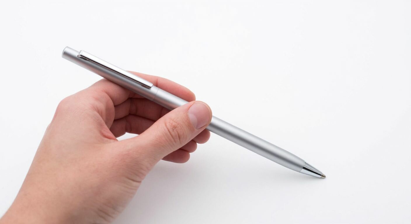 A person’s hand carefully holding a sleek silver pen at a slight angle against a clean white surface, with a faint metallic sheen reflecting off the pen’s body as it glides smoothly.