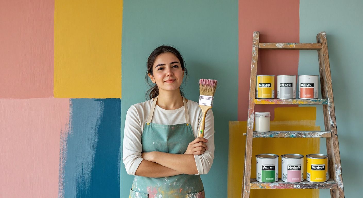 A Turkish homeowner thoughtfully holding a paintbrush near a freshly painted pastel-colored wall, with cans of Marshall, Polisan, and Filli Boya paints neatly arranged on a wooden ladder nearby.