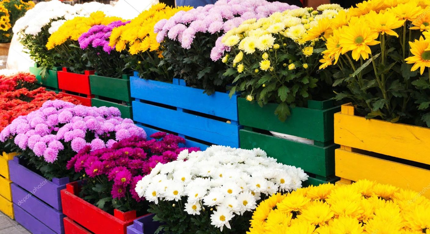 A vibrant Turkish flower market with seasonal blooms like nergis in winter, gül in spring, ayçiçeği in summer, and kasımpatı in autumn, arranged in colorful wooden crates under a warm sun.