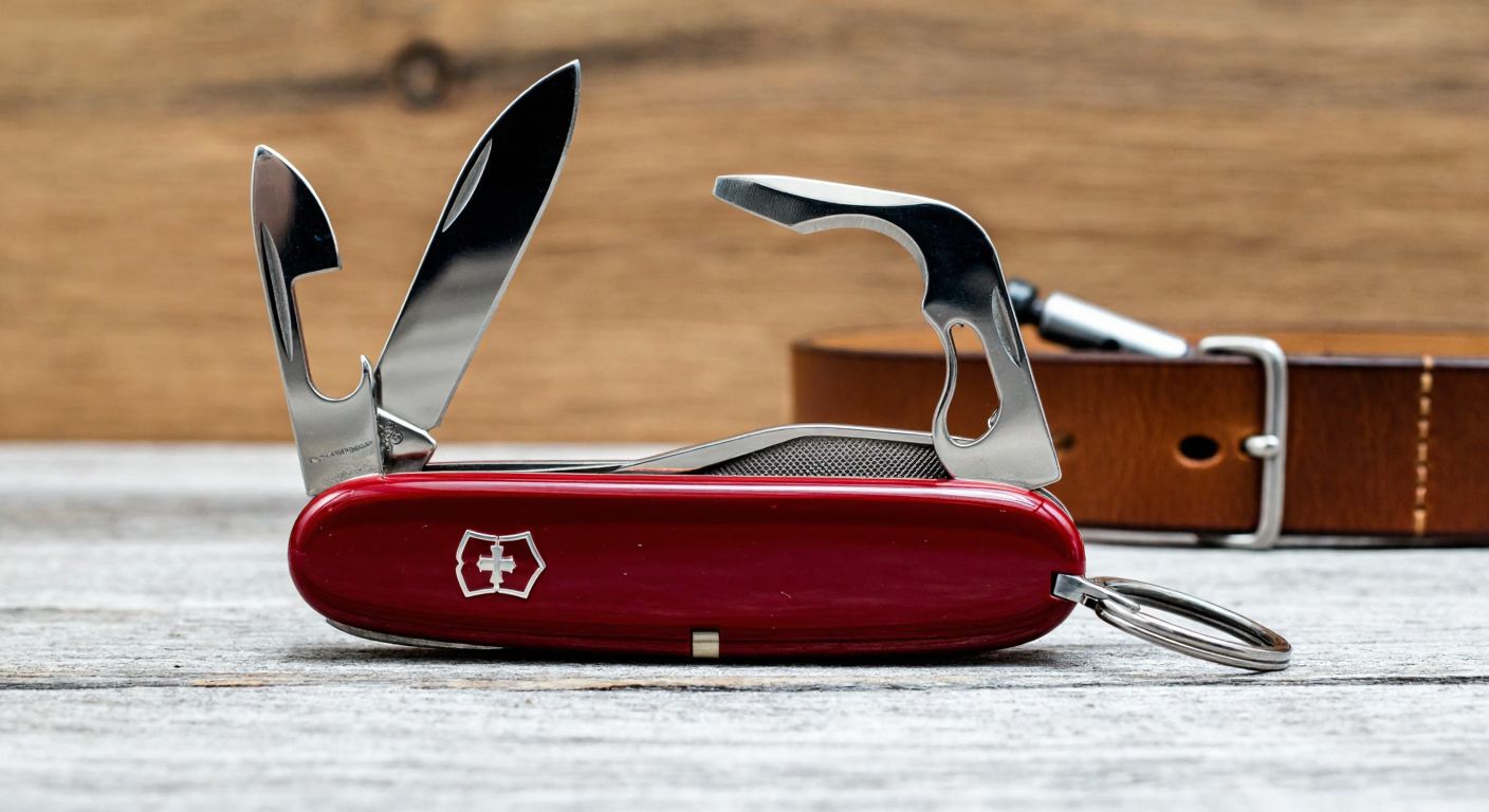 A sturdy steel keychain with a Victorinox logo, clipped to a leather belt, resting against a backdrop of a well-worn Swiss Army knife on a wooden table.