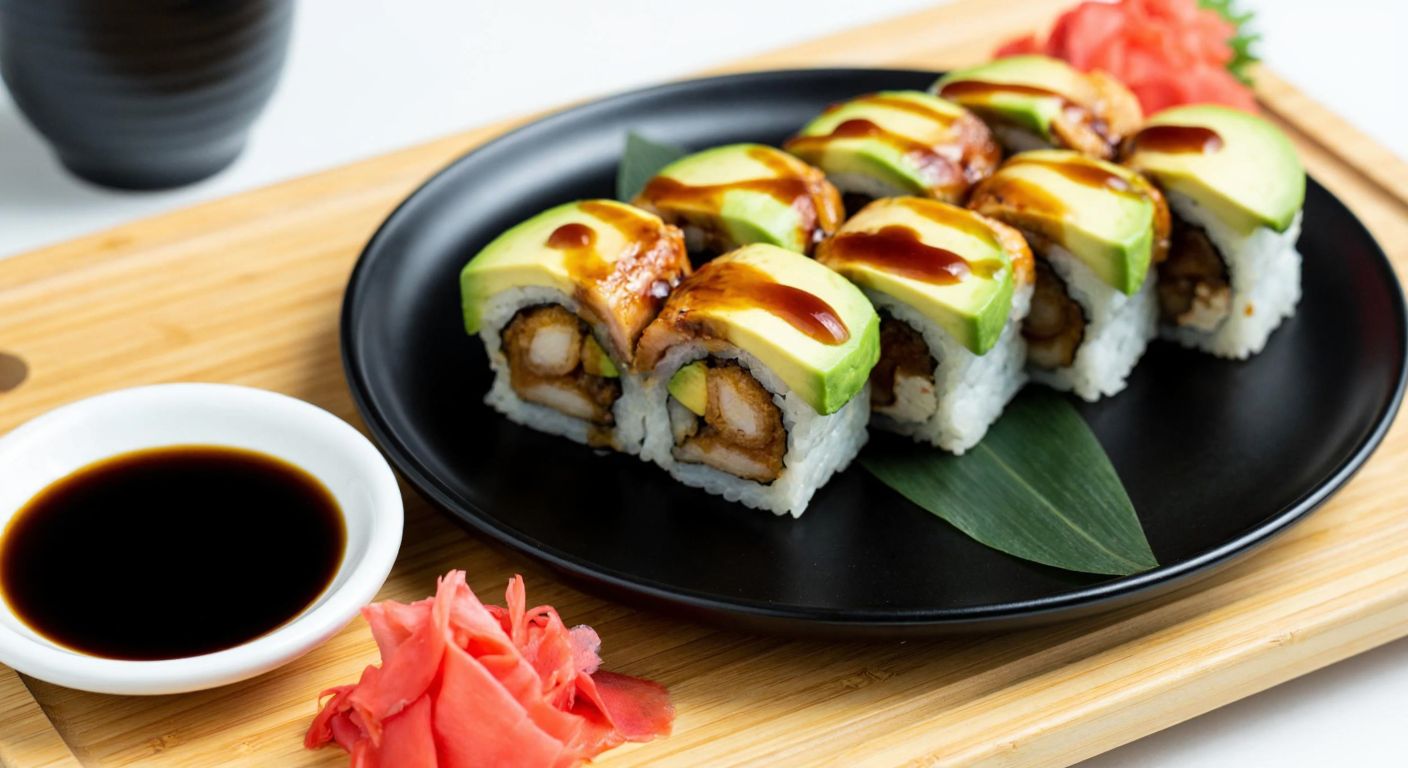 A vibrant plate of fresh eel sushi rolls with avocado slices, glistening with unagi sauce, placed on a wooden sushi board beside a small bowl of soy sauce and pickled ginger, evoking a sense of balance between indulgence and health.