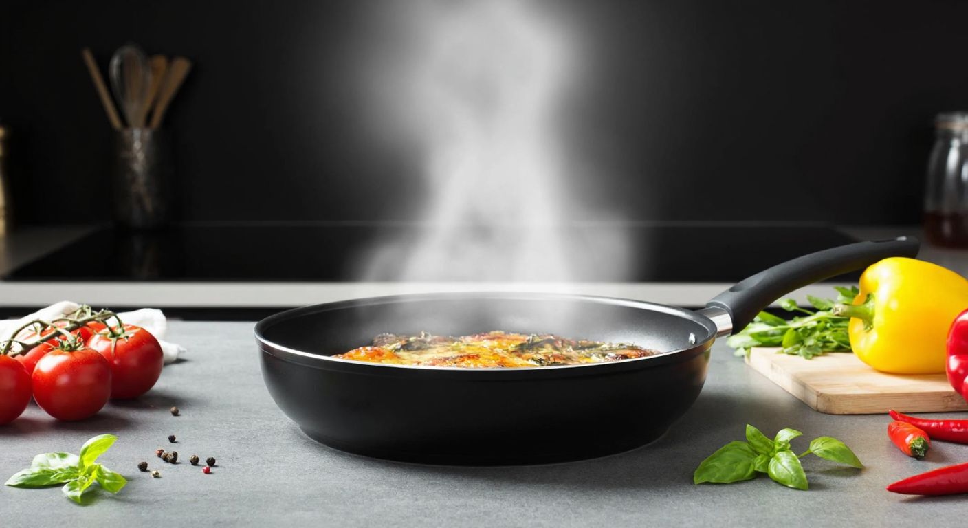 A gleaming black Essenso frying pan sits on a modern Turkish kitchen counter, surrounded by fresh vegetables and a drizzle of olive oil, with steam rising from a perfectly cooked dish inside.