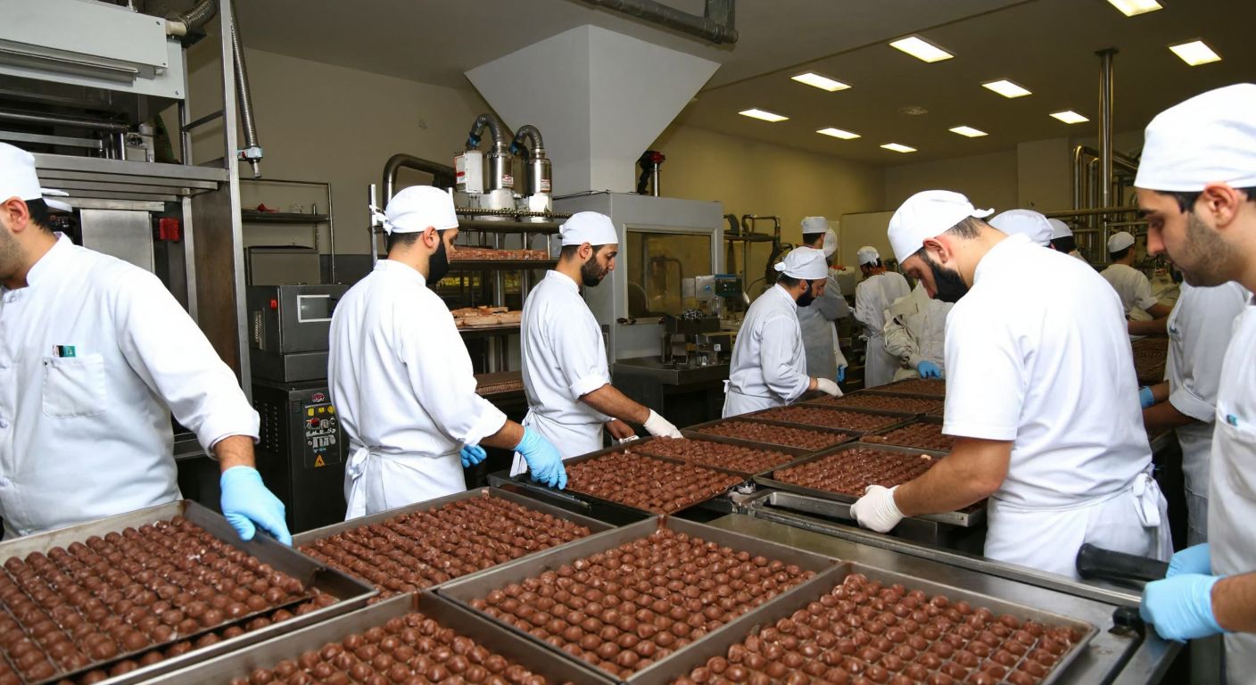 A bustling chocolate factory in Esenyurt, Istanbul, with workers in white uniforms carrying trays of freshly made Pakel chocolates, surrounded by the warm aroma of cocoa and the hum of machinery.