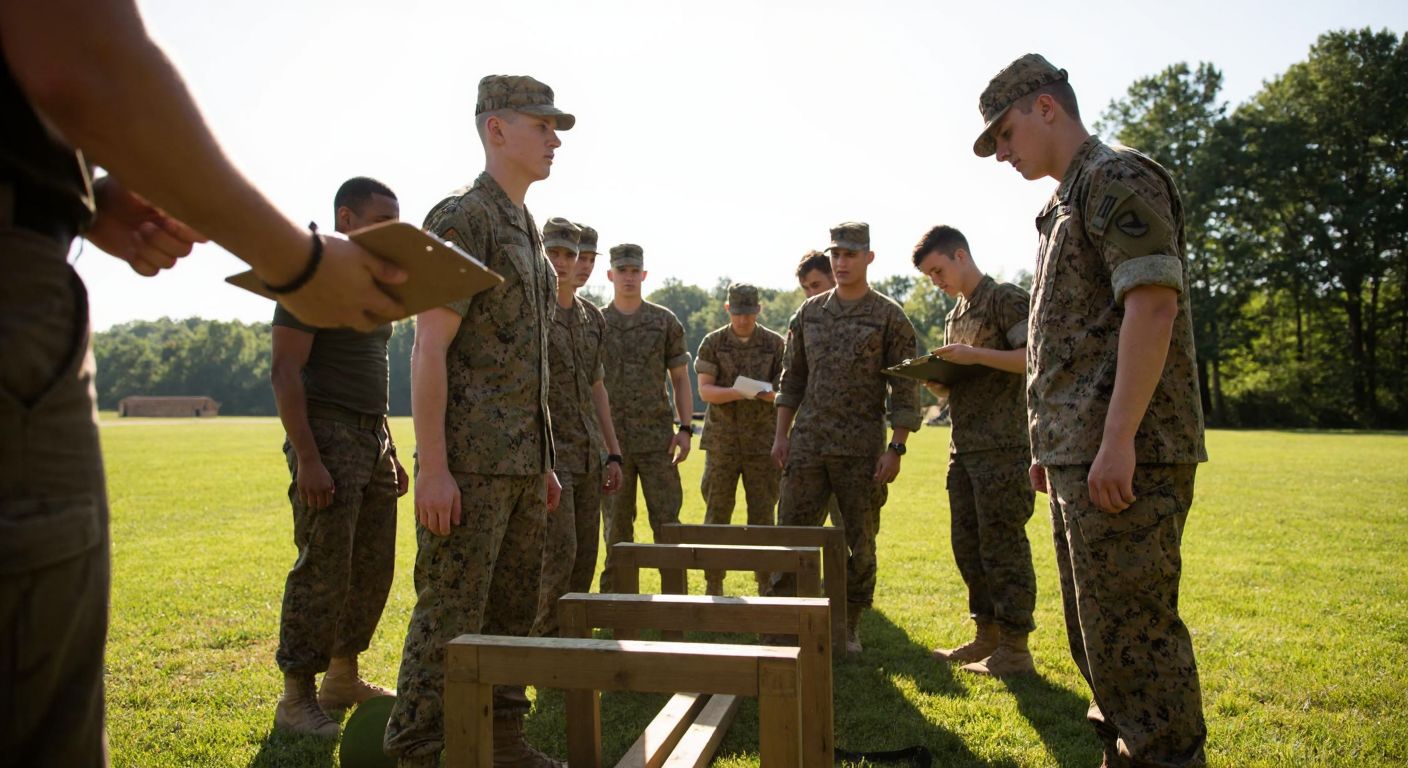 A group of young, determined candidates in military-style attire stand in a sunlit training field, engaged in a teamwork exercise with wooden obstacles, while evaluators in uniform observe from the sidelines with clipboards.