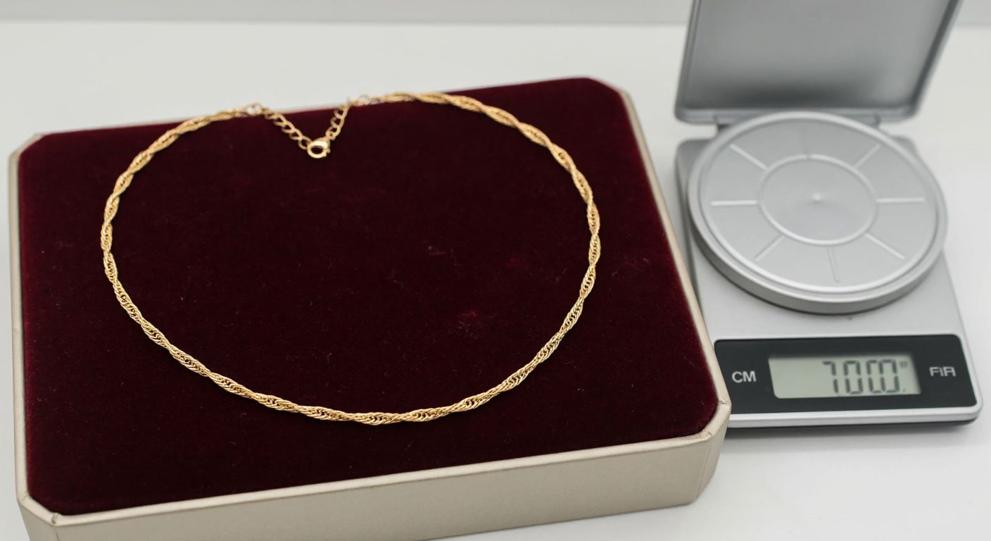 A delicate golden Singapore chain necklace laid out on a velvet-lined jewelry box, with a small digital scale beside it showing a faint measurement.