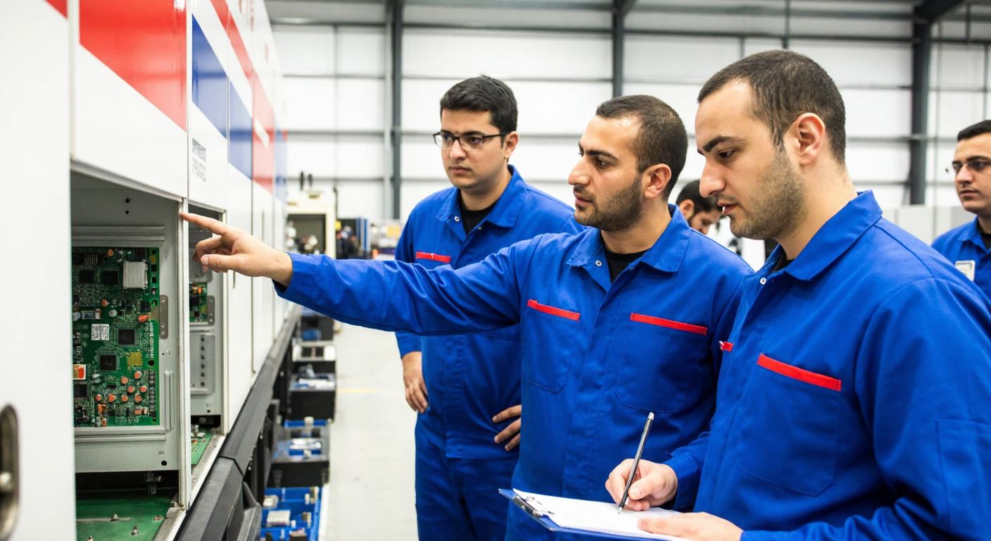 A group of Turkish engineers in blue uniforms inspecting aircraft electronics at a hangar, with one pointing at a circuit board while others take notes.