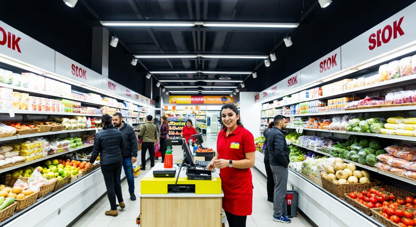 A bustling ŞOK market in Turkey with customers shopping under bright lights, shelves stocked with fresh produce and local goods, and a cheerful cashier in a red uniform assisting at the checkout.