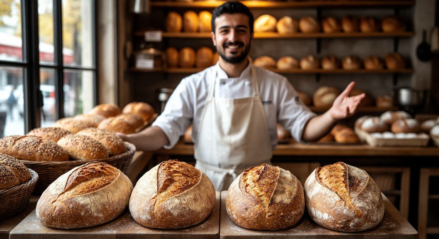A warm bakery in Istanbul displays two golden-brown loaves of bread side by side—one smaller (250g) with a crisp crust and one larger (400g) with a hearty whole-grain texture—while a baker in a white apron gestures toward them with a smile.