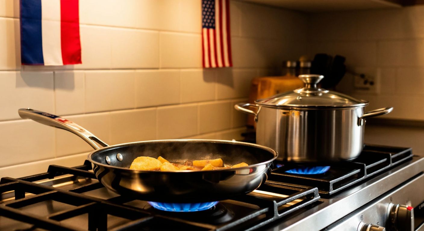 A sleek, modern kitchen with a stainless steel T-Fal frying pan sizzling on a stovetop, flanked by a Tefal-branded pot, both reflecting warm golden light, set against a backdrop of French and American flags subtly blended into the tile wall.