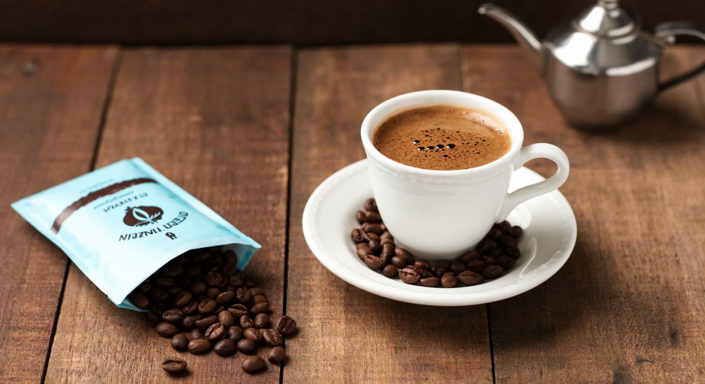 A warm, aromatic cup of Turkish coffee with a hint of coconut, placed on a rustic wooden table beside a small bag of Abdullah Efendi branded coffee, evoking cozy Turkish hospitality.